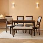 Upholstered dining chairs and cherry brown dining table set perfect for family gatherings.