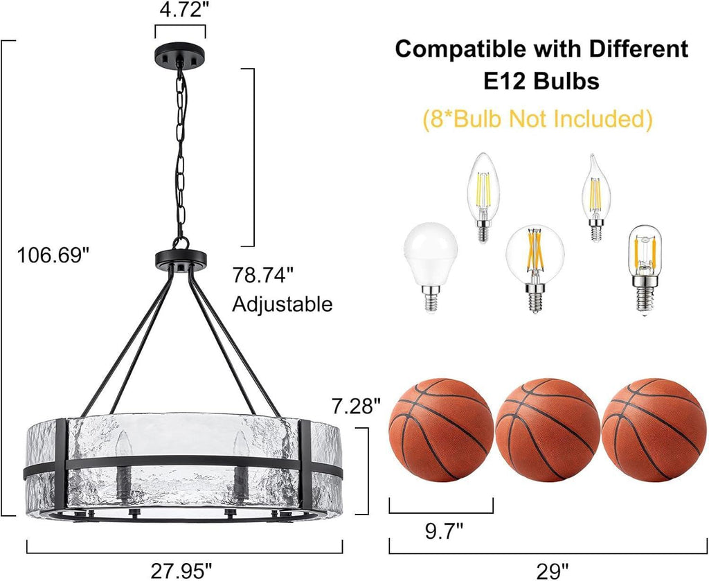 28 Inch Luxurious Black Glass Chandelier Eight Light Fixture