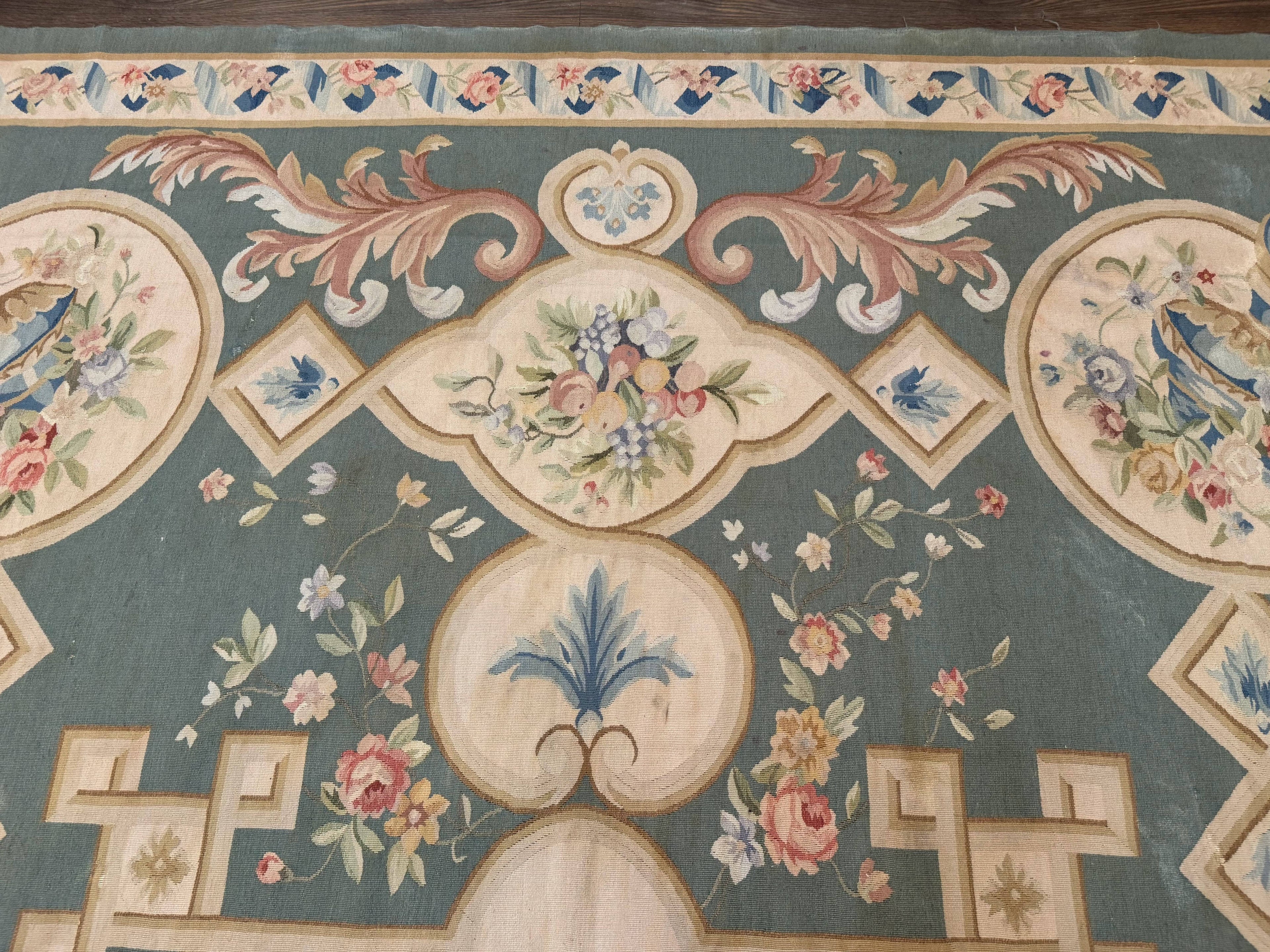 Aubusson Rug 9x12, Muted Sage Green and Cream, European Design