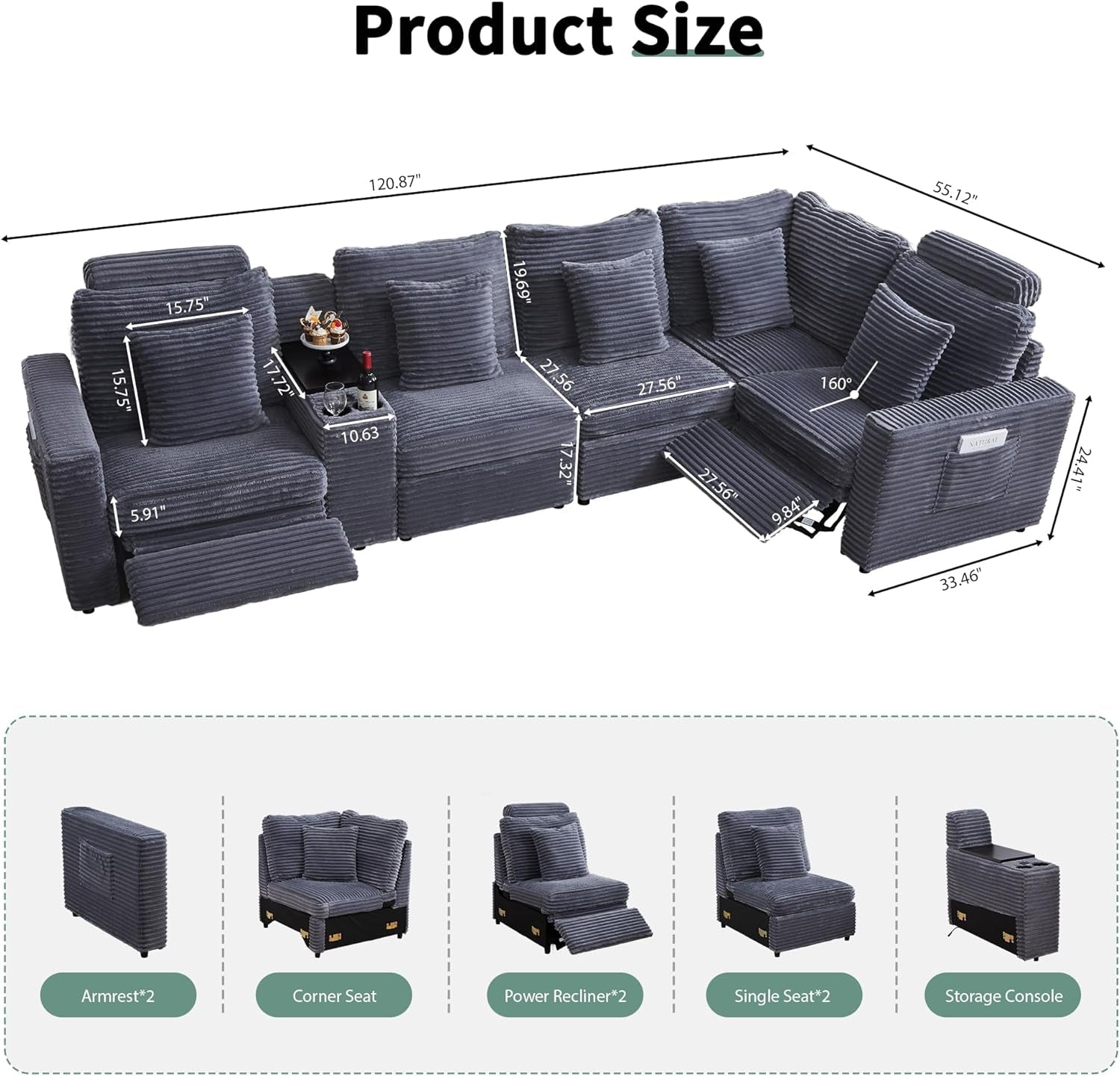 Grey Premium Power Recliner Modular Sectional Sofa