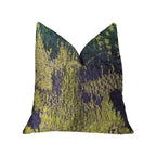 Green throw pillow Emerald Rainforest luxury abstract pattern in yellow and blue on sofa.