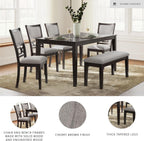 Upholstered dining chairs with cushioned seats and cherry brown wood frame for elegant dining.