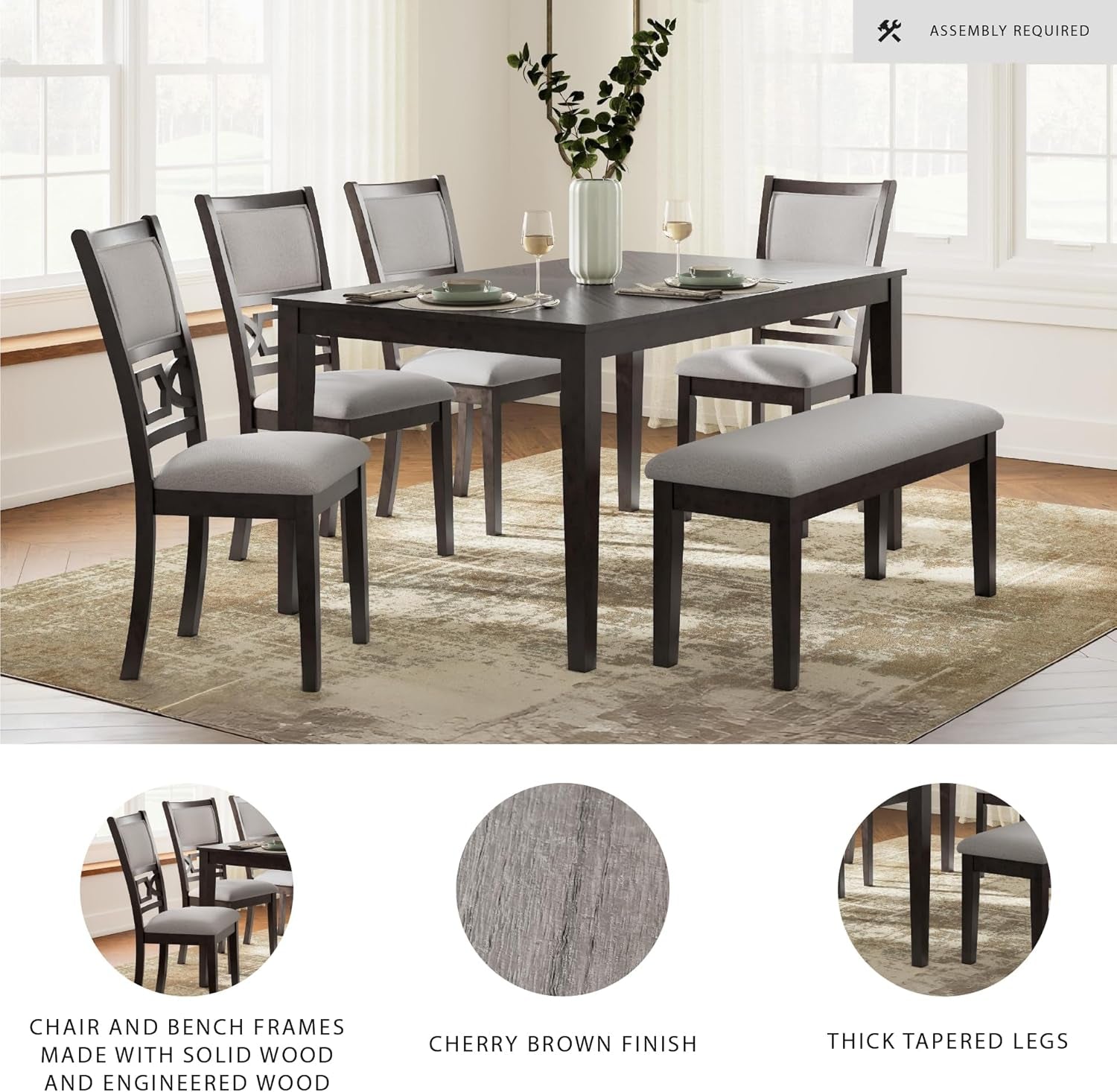 Cherry Brown Transitional Table Set Cushioned Chairs