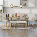 Elegant industrial solid wood dining table set with tufted chairs and bench, perfect for luxurious dining spaces.