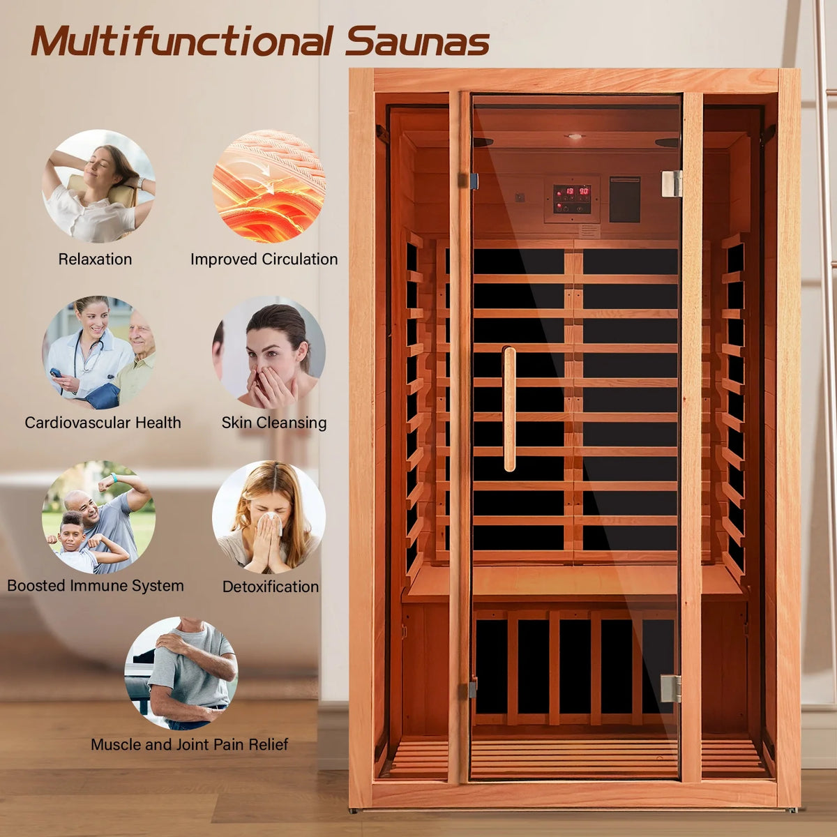 2 Person Extendable FAR Infrared Sauna for Home, Hemlock Wood Low EMF 6 Carbon Heaters Indoor Saunas with LED Lights, Bluetooth Speaker, Digital Control Panel, and Seating Bench