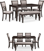 Upholstered dining chairs featuring 100% polyester cushions and solid wood frame for comfort.