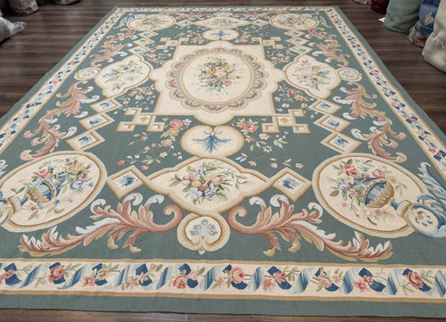 Aubusson rug 9x12 sage green cream handwoven wool flatweave European vintage