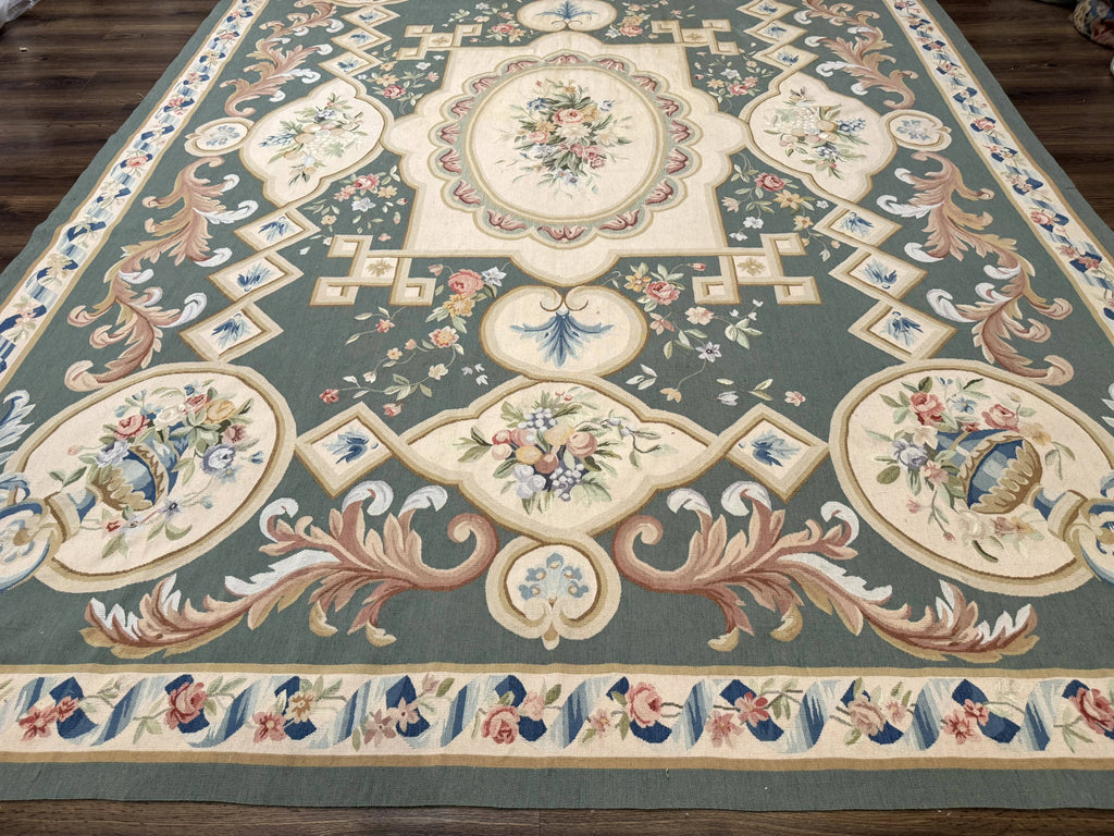 Aubusson Rug 9x12, Muted Sage Green and Cream, European Design