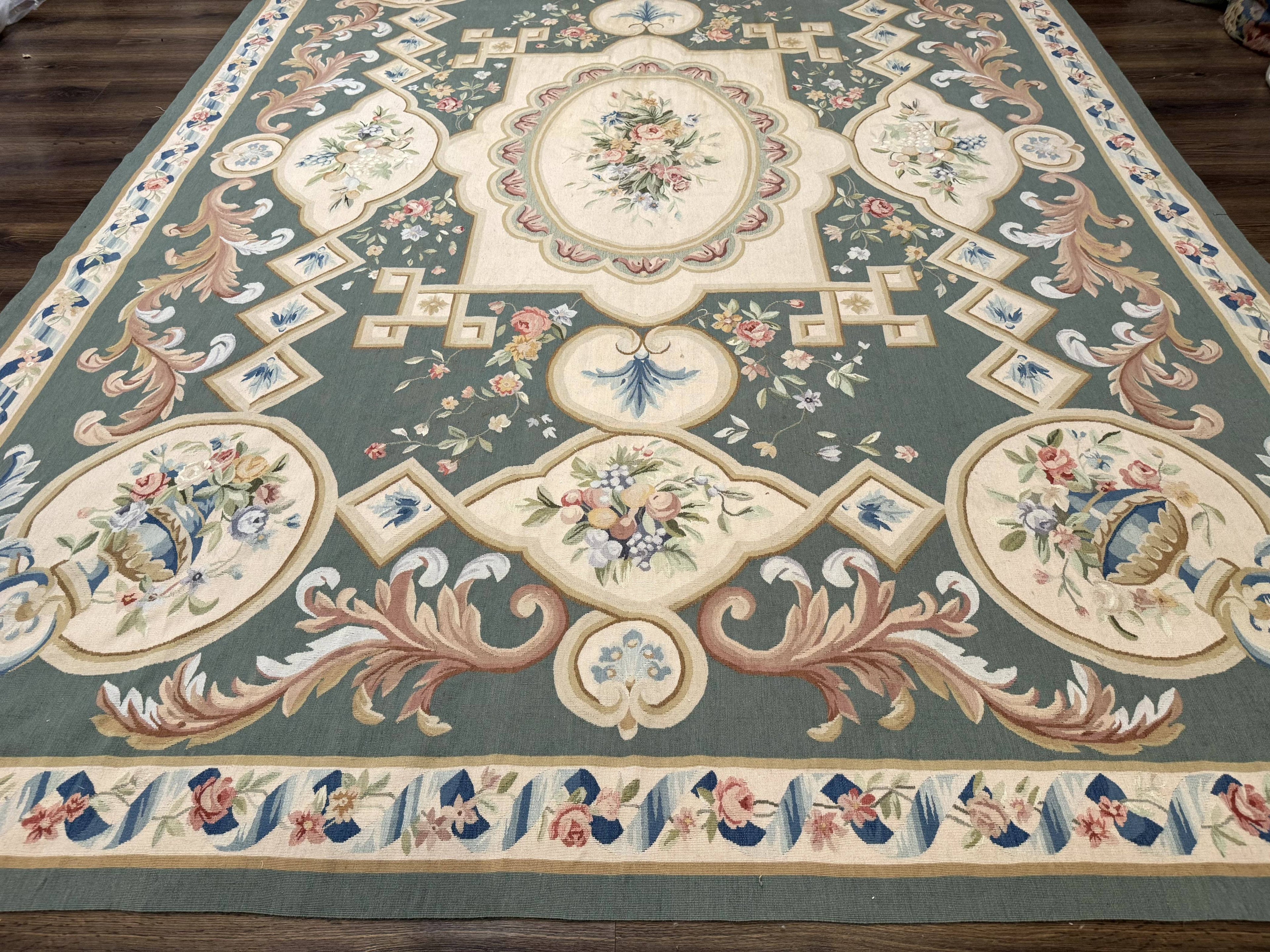 Aubusson Rug 9x12, Muted Sage Green and Cream, European Design