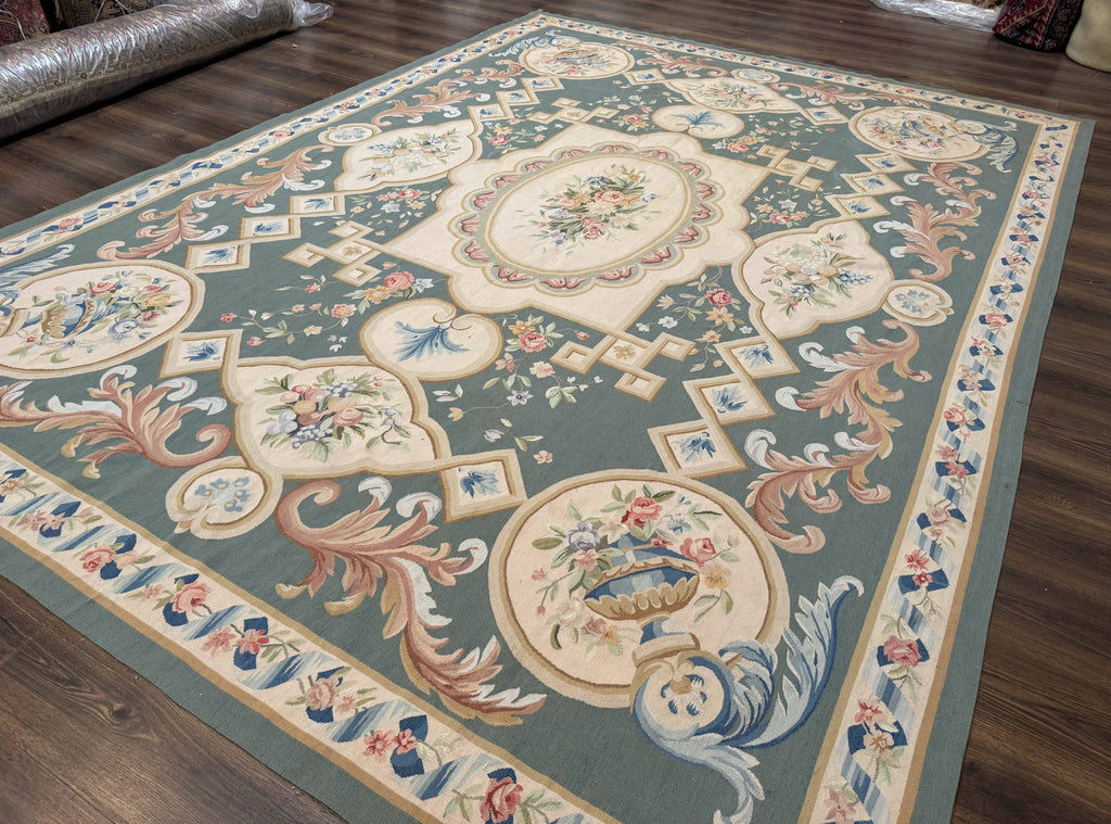 Aubusson Rug 9x12, Muted Sage Green and Cream, European Design