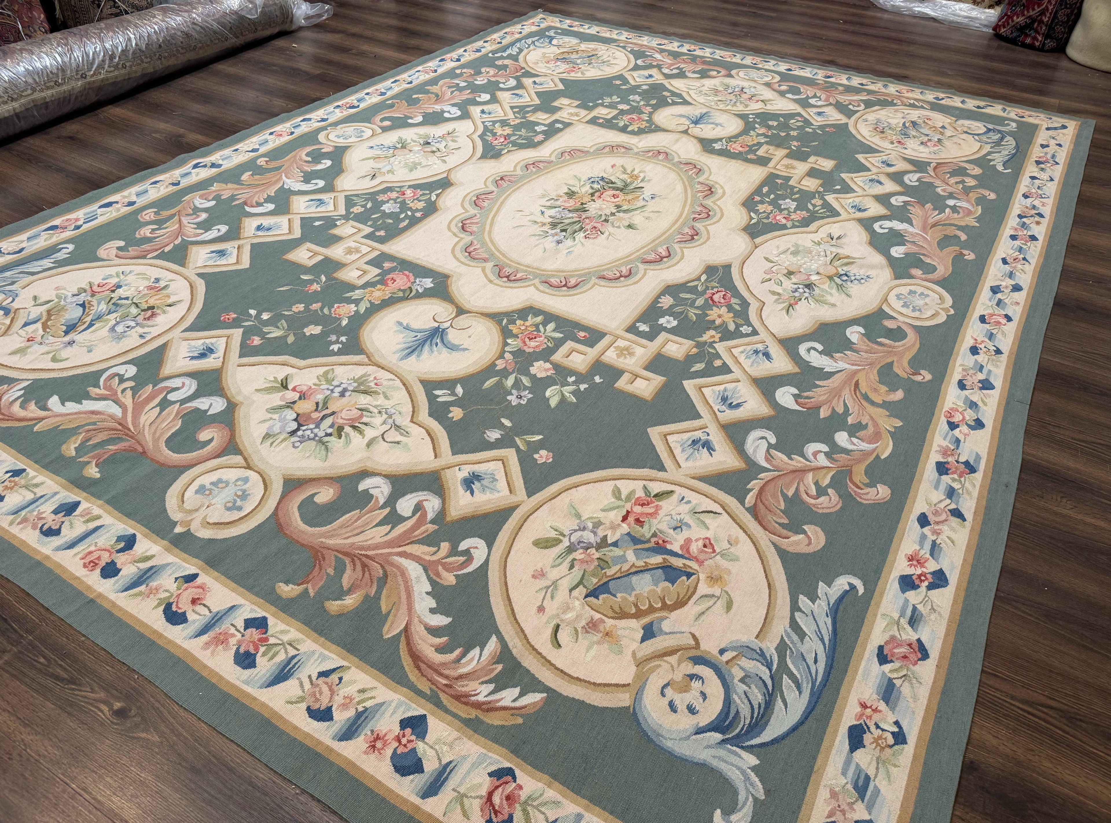 Aubusson Rug 9x12, Muted Sage Green and Cream, European Design