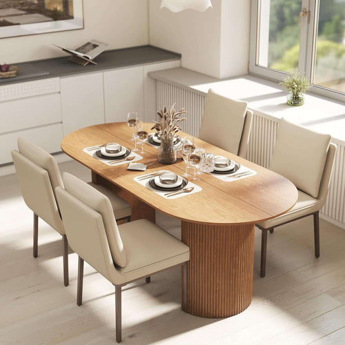 Beige dining chairs set of 4 around an elegant wood dining table, showcasing luxury and modern craftsmanship.