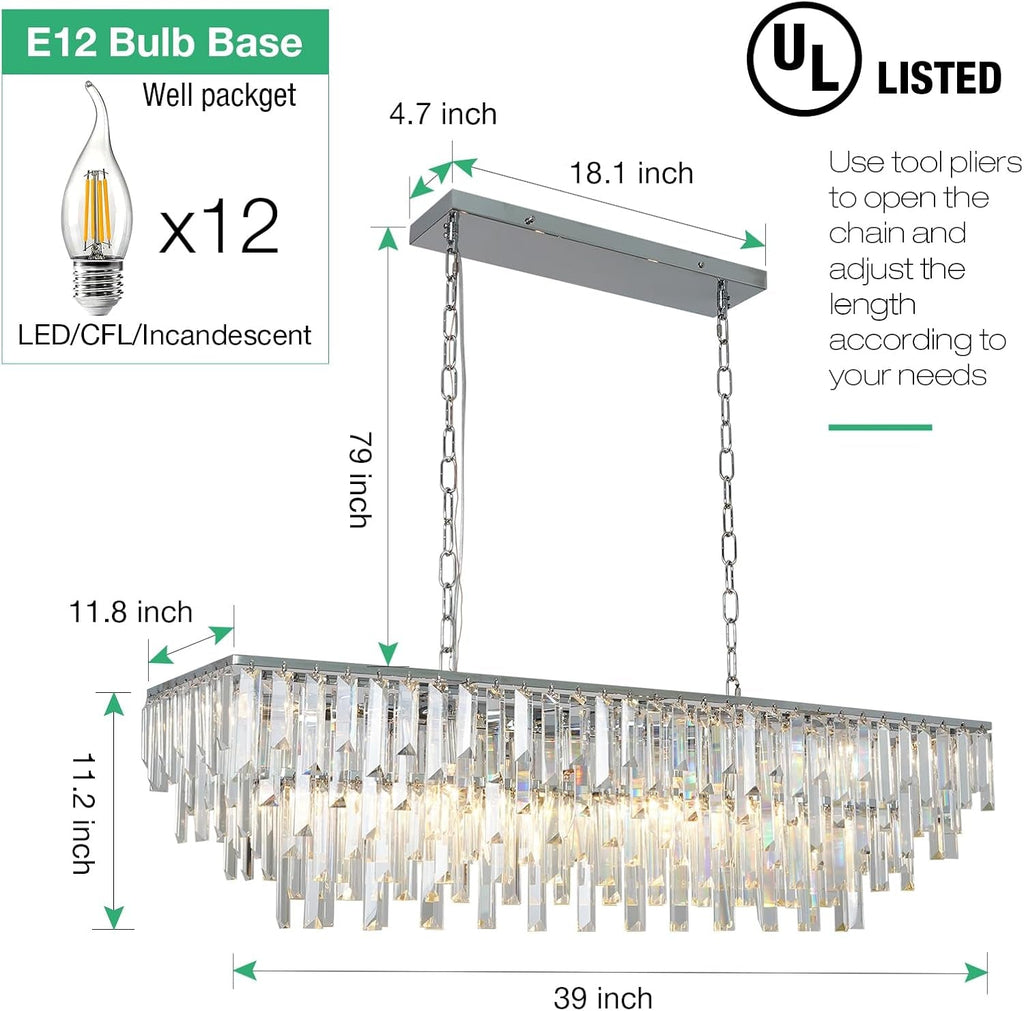 39 Inch Chrome Crystal Rectangle Chandelier Pendant