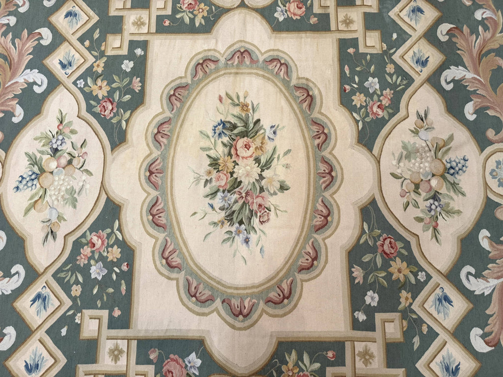 Aubusson Rug 9x12, Muted Sage Green and Cream, European Design
