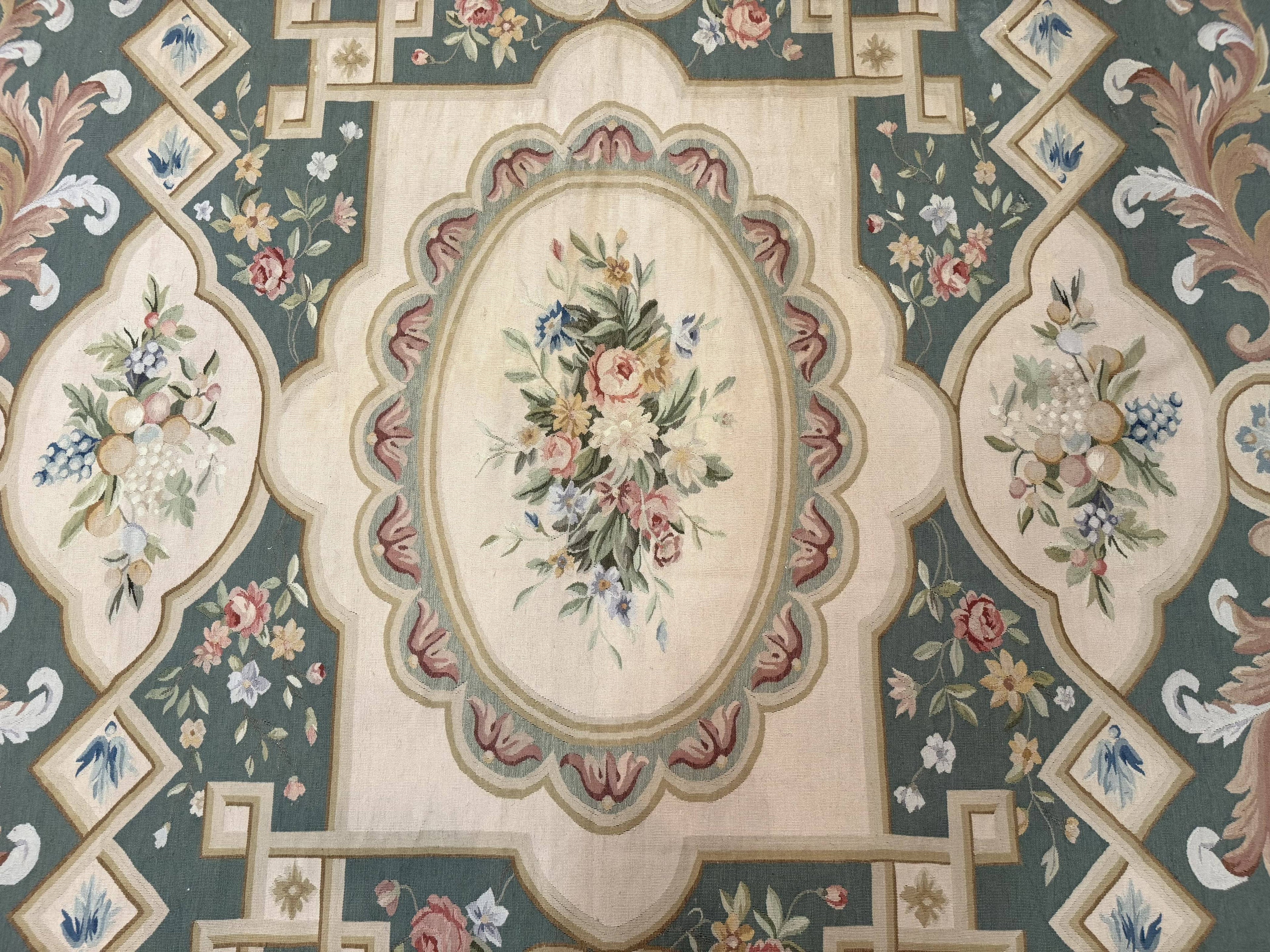 Aubusson Rug 9x12, Muted Sage Green and Cream, European Design