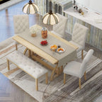 Elegant industrial solid wood dining table set for stylish dining, featuring a wooden table, plush chairs, and cozy bench.