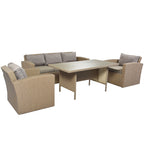  4-piece outdoor conversation set in PE rattan with plush beige linen cushions.
