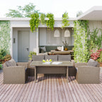 Outdoor conversation set beige cushions with weather-resistant wicker and matching table.